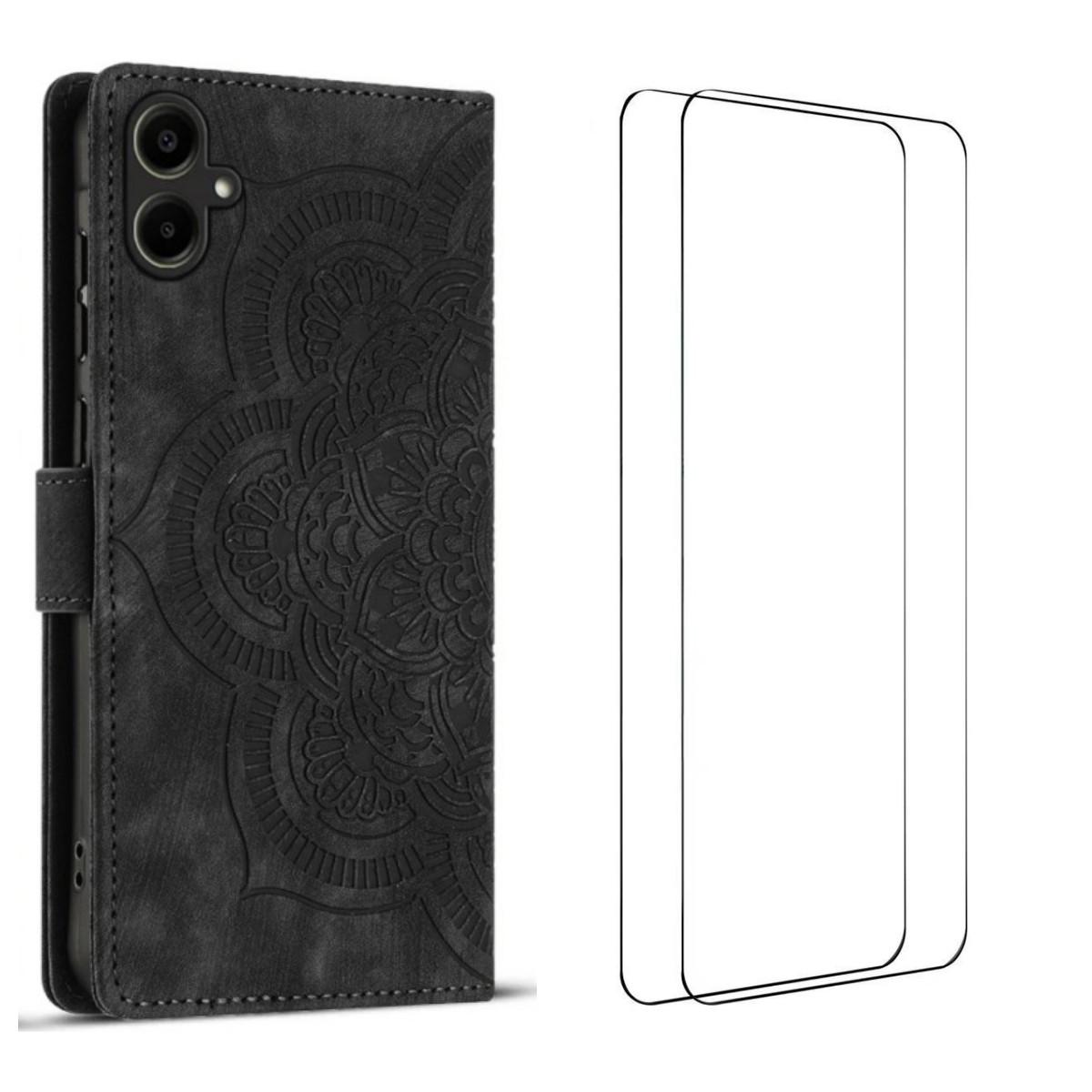 

For Samsung Galaxy A06 4G Case with 2Pcs Tempered Glass WANLONFENG MTL Series Mandala Leather Phone Cover