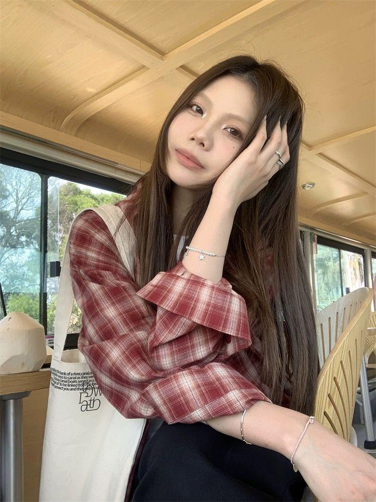 

Women s Retro Red Plaid Long Sleeve Shirt – Loose Fit, Layering Sun Protection Top for Autumn/Spring Double Extra Large