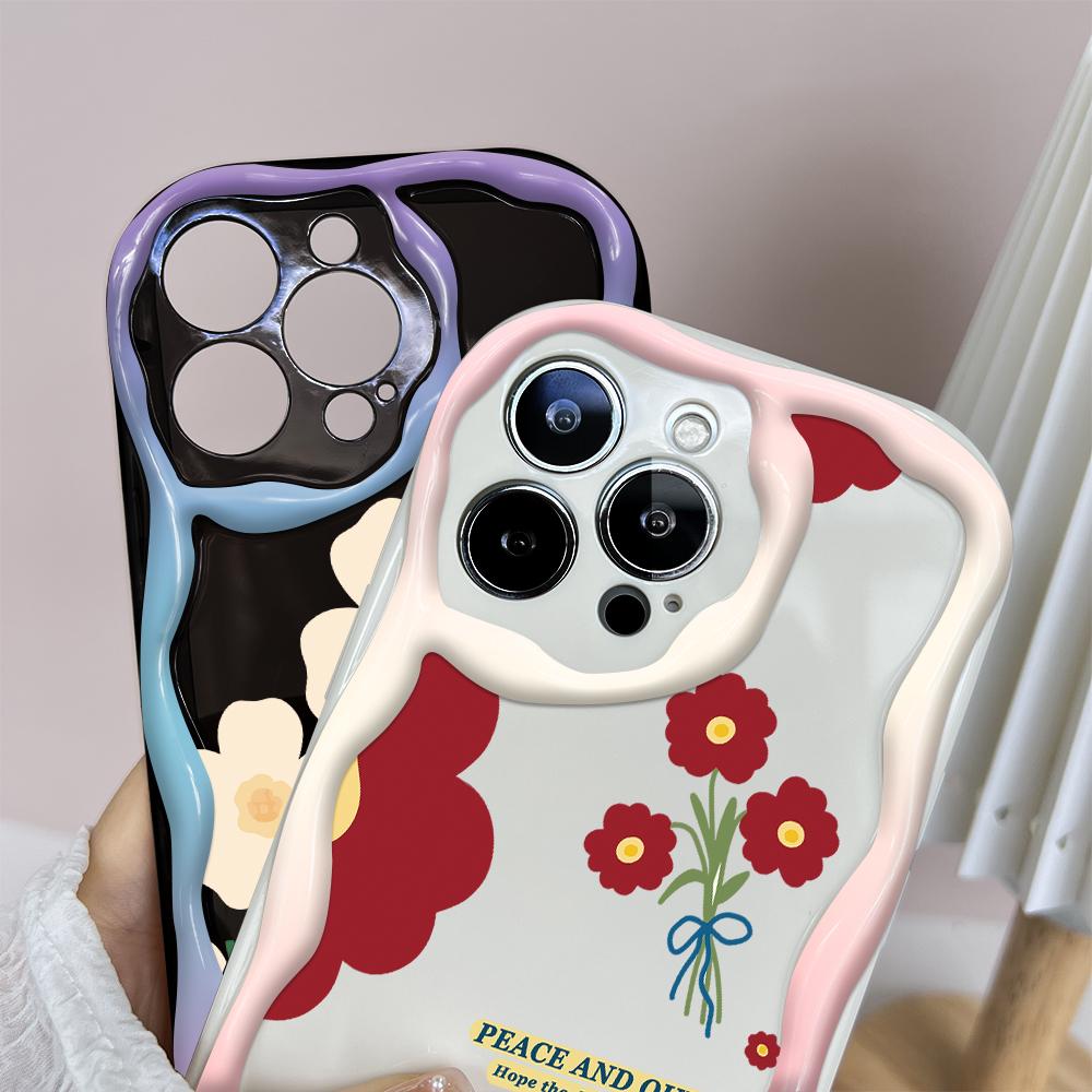 Cartoon Pattern Cream Texture Casing Wavy Edge Soft Silicone Cover Phone Case for IPhone Samsung Huawei Honor Xiaomi Redmi OPPO Realme Vivo Infinix