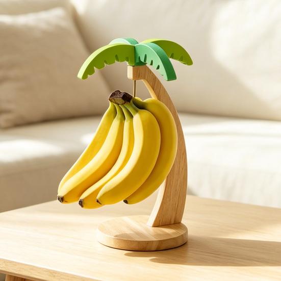 Solid Wood Banana Rack Wooden Hanger, Coconut Tree Shape, with Metal Hook, Fruit Display Stand Tropical Theme Stable Base Rack, for Kitchen Countertop