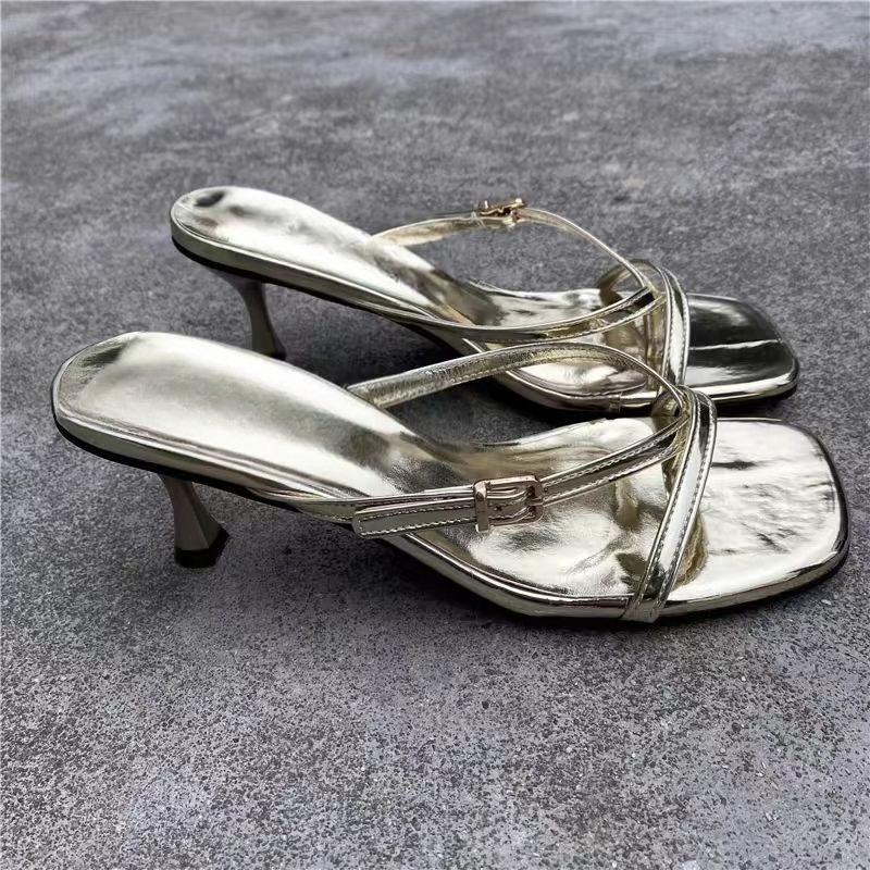 Women Slippers Square Toe Flip Flops Loafers Casual Shoes Woman Heeled Sandals Summer 2025 Trend Luxury Dress Clip Toe Slides