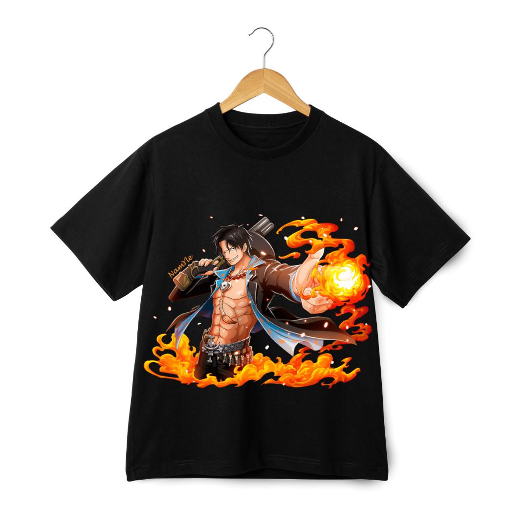 Ace Fire Fist T-Shirt Mens Womens Tees Top - One Piece Anime Flame Graphic Unisex Tee Street Style M
