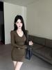 2025 Autumn French V-Neck Waist-Cinching Long-Sleeve Dress for Women - Sexy Short Date Skirt