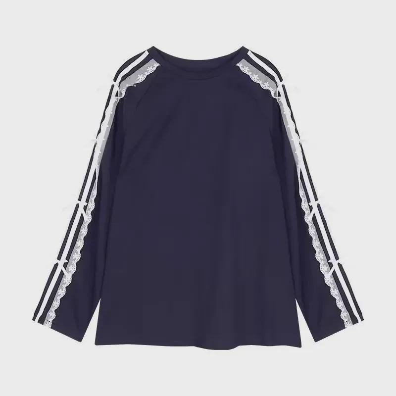 Women's Black Bowknot Long-Sleeve Loose T-Shirt with Lace Stitching - Korean Version, Perfect for Autumn.