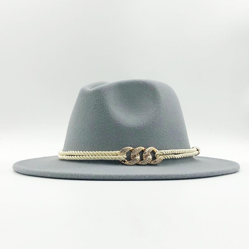 Black Wool Felt Jazz Fedora Hats Belt Buckle Decor Women Unisex Wide Brim Panama Trilby Cowboy Cap Sunhat