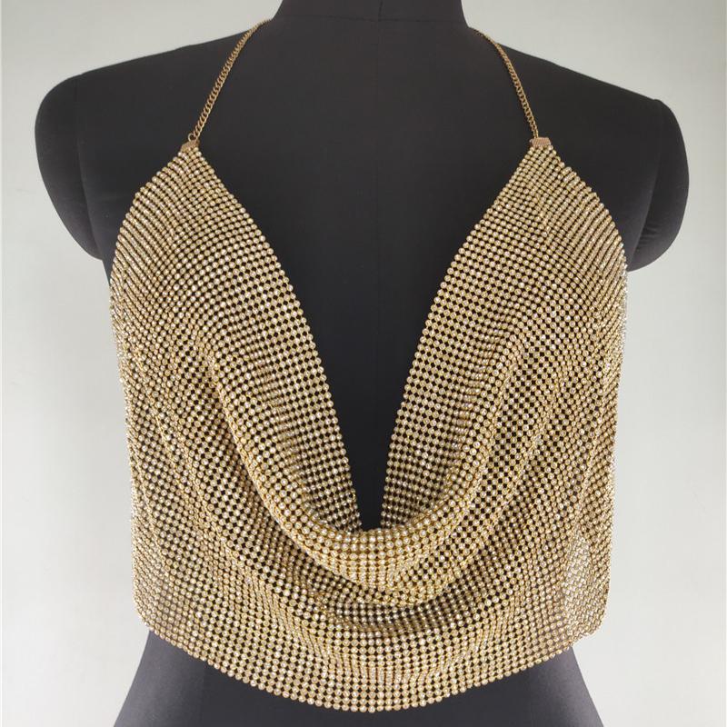 Ins Style, Nightclub Low Cut Backless Outfit, Sparkling Diamond, Chain Strap, Deep V-neck, Crop Top, Sexy Design