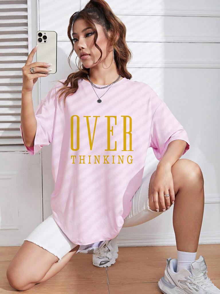 Over Thinking Letter Print Women Cotton Short Sleeve Breathable Vintage ONeck Tops Allmath Casual TShirts Female Tee Clothing