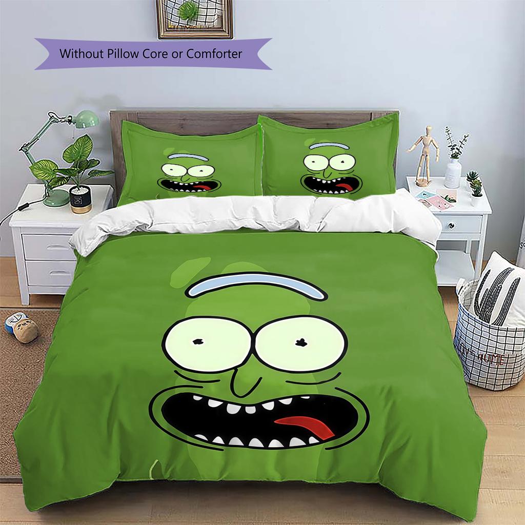 Pickle Rick Pattern Bedding Quilt Set  Home Decoration  Gift (1 * Duvet Cover + 2 * Pillowcase  Without Core)