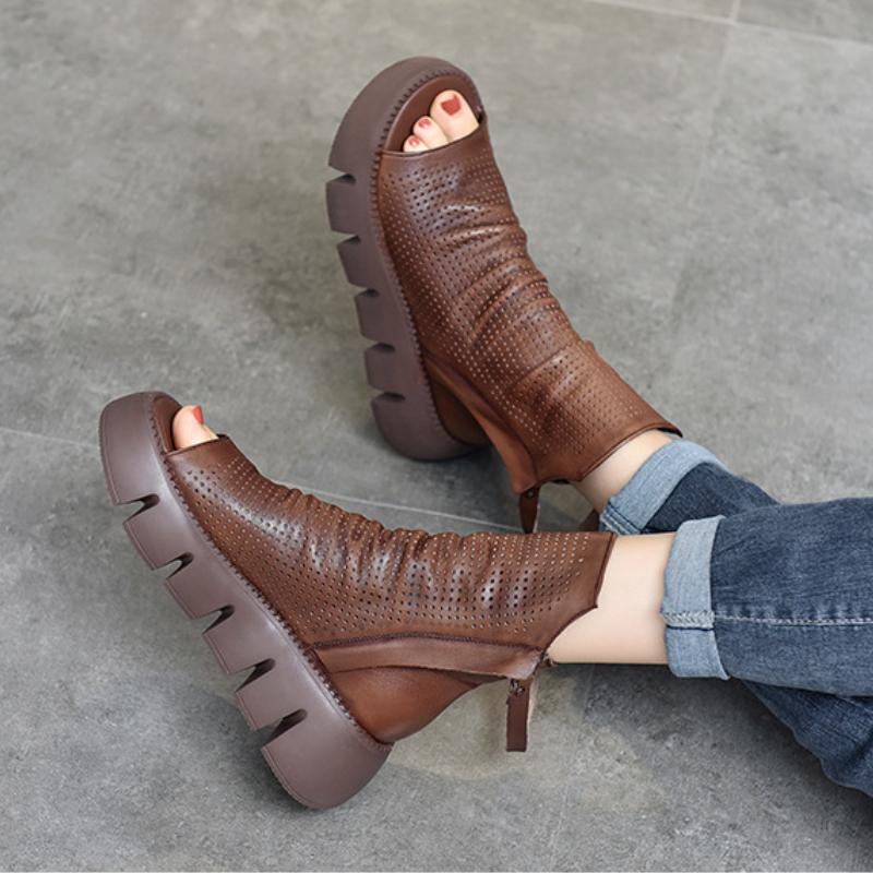 Johnature Fashion Thick Soled Platform Shoes Genuine Leather Women Peep Toe Sandals Hollow Out Boots