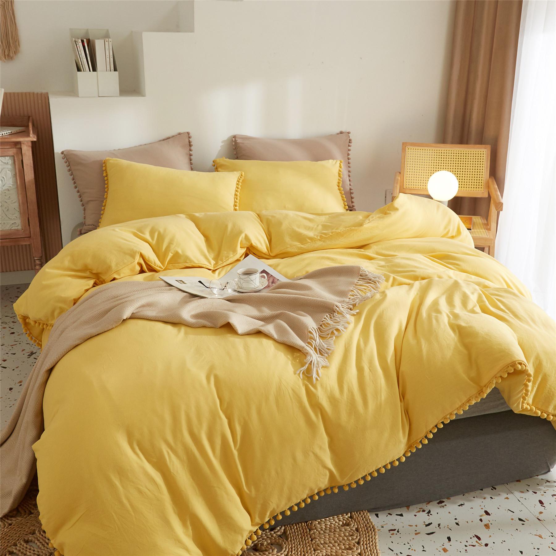 

American Style Furball Tasseles Yellow Bedding Set Queen Home Hairball Tassel Bed Cover Sets Soft King Size Duvet Cover No Sheet US Twin 2 pcs set&set