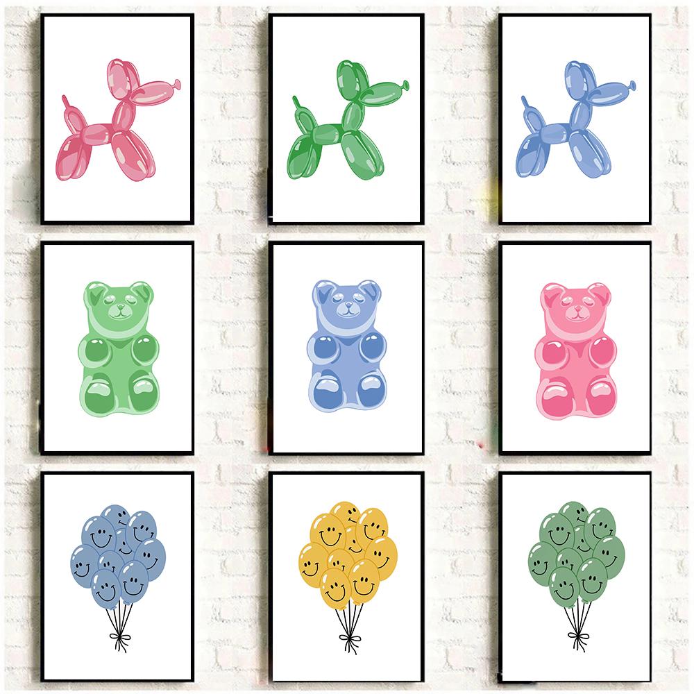 Modrý gumový medvídek Růžový balónkový pes Plakát Preppy Plátno Malba Tisk Trendy Nástěnné umění Dětský pokoj Domácí dekorace