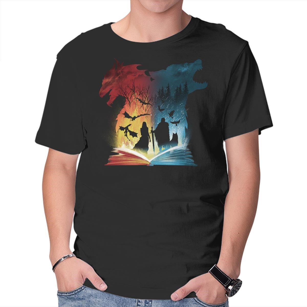 Unisex Crew Neck T-Shirt Book of Fire and Ice Graphic Short Sleeve Casual Tee M