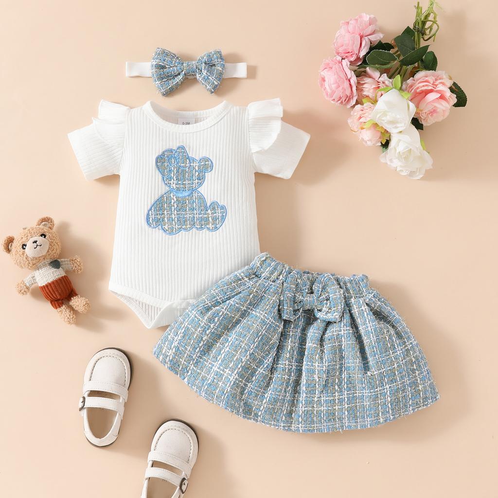 Girls Casual Fashion Set Summer Children Cute Bear Short Sleeve Skirt Set