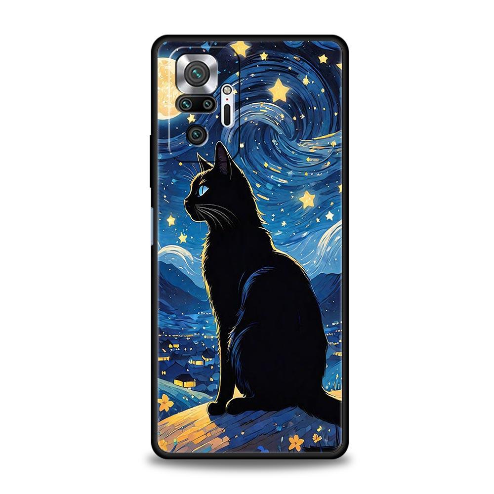 Cat Van Gogh Starry Sky Phone Case For Xiaomi Redmi Note 14 13 5G 10 11 12 Pro Plus 4G 14C 13C 12C 10C Black Cover