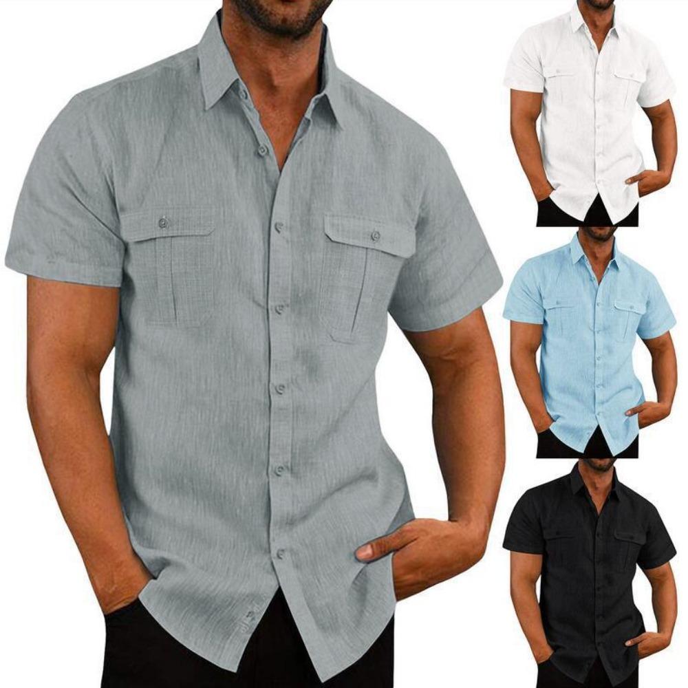 

Cotton Linen Hot Sale Men Short-Sleeved Shirts Summer Solid Color Stand-Up Collar Casual Beach Style Plus Size Male Shirts