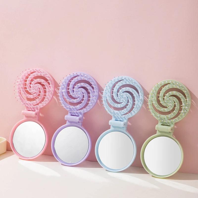 1Pcs Mini Portable Scalp Massage Comb 2 In 1 Foldable Comb With Makeup Mirror For Travel Easy To Carry Great Gifts