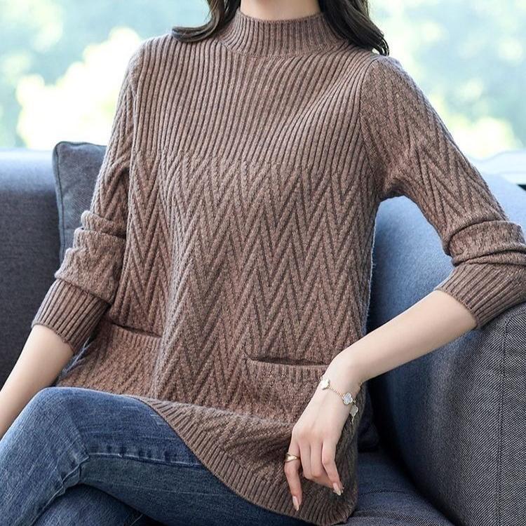 Loose Mid-length Sweater Women's Autumn and Winter Plus-size Casual Pullover Round-neck Solid-color Knitted Sweater