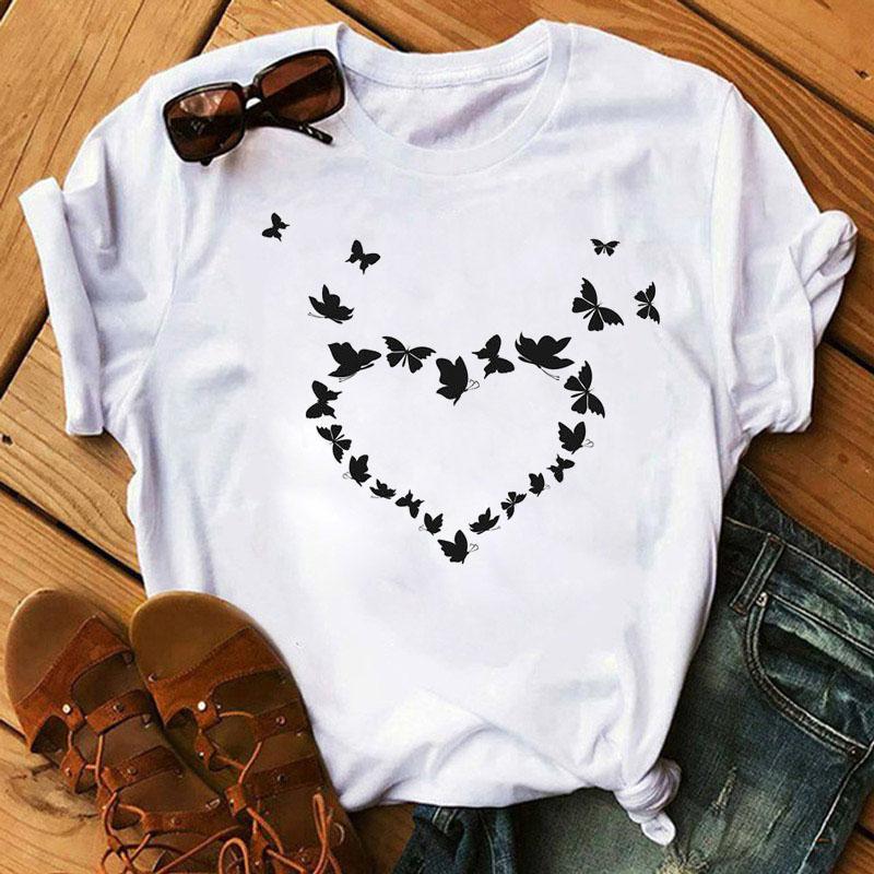 Women T Shirt Butterfly Heart Print T Shirt Female Summer Casual Cute Graphic Tee Tops Women Summer Funny Harajuku T-Shirts Tops