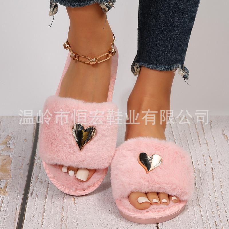 Women's Heart Shaped Flat Faux Rabbit Fur Slippers, Casual Indoor Home Footwear, Plus Size Warm Comfortable Slip On House Shoes