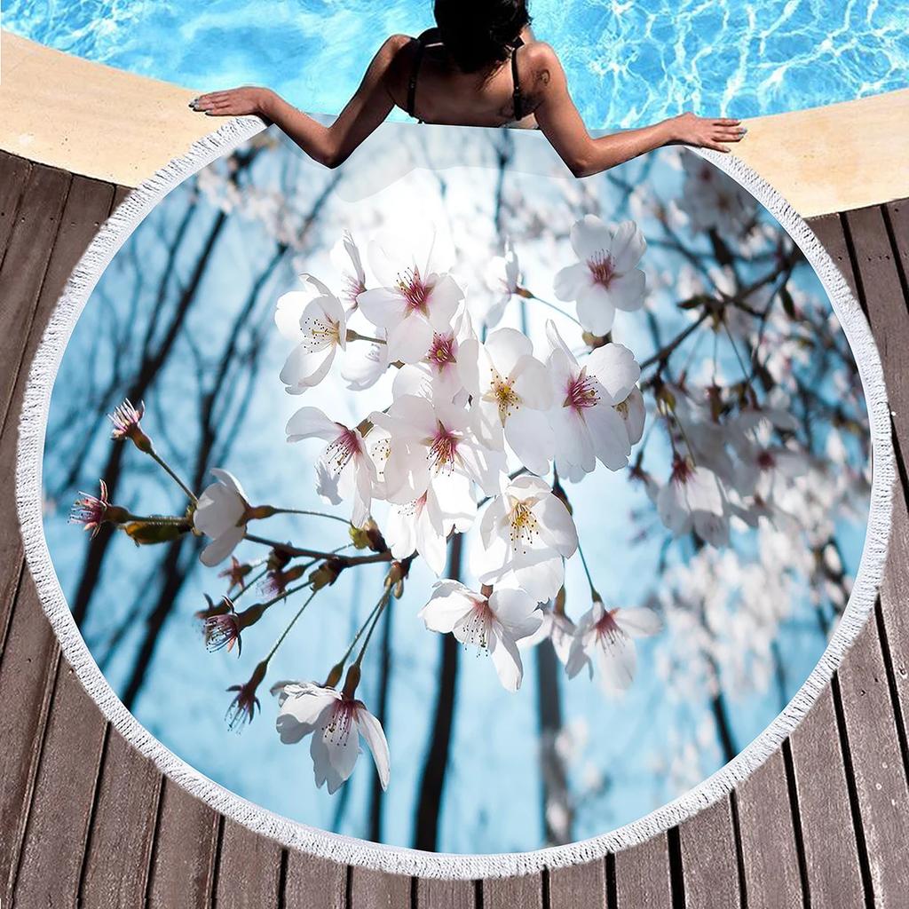 Cherry Blossom Round Beach Towel,Cherry Blossom Tree In The Sun Sand Anti-Sand Beach Blanket Absorbent Quick Dry Soft Pool Towel