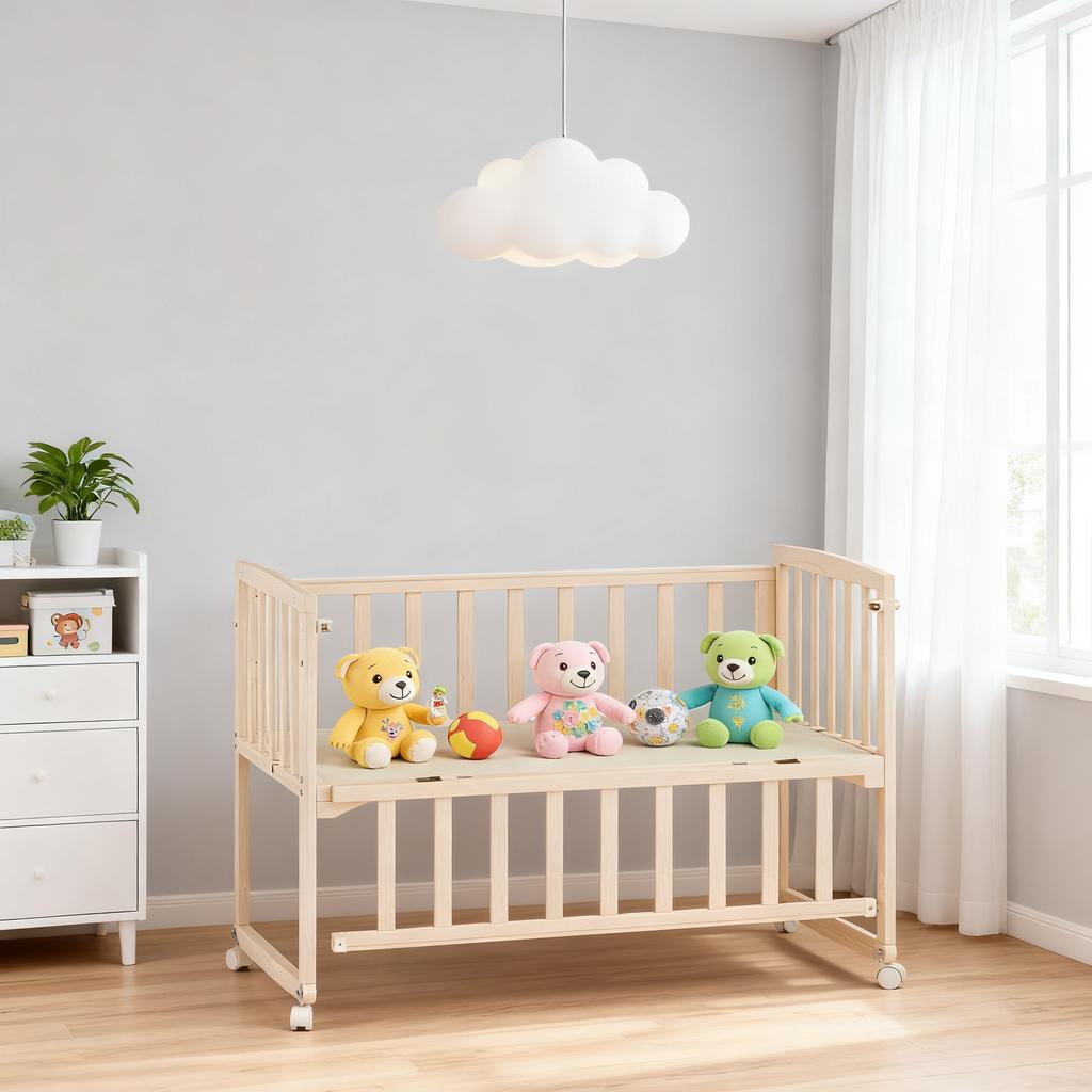 Portable Wooden Bedside Bassinet Newborn Baby Crib with Adjustable Side And Wheels Pine Co-Sleeping Crib for Parents