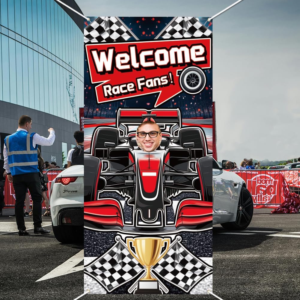 WADORN Welcome Race Fans Background Photo Door Banner for Party Decor, 5.9x2.9ft Racing Car Theme Photo Door Backdrop Props Decor Large Fabric Fun