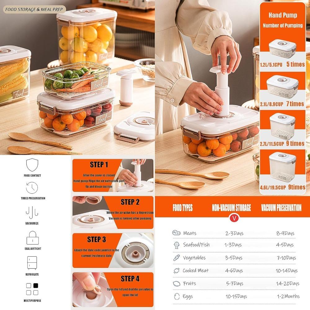 Food Vacuum Storage Box Airtight Container - Reusable Kitchen Storage Box with Drain Net and Vacuum Pump To Keep Food Fresh