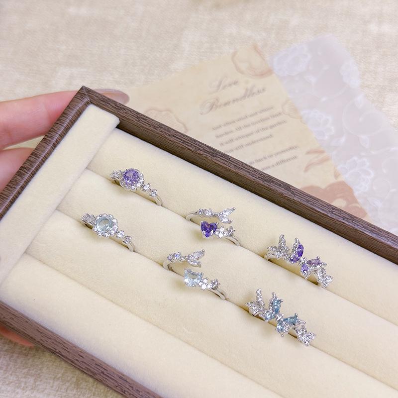 Niche Colored Treasure, Sweet And Cool Purple Diamond, Daisy Flower, Butterfly Opening Ring, Female Light Luxury And Cold Wind Stacking, Wearing Wind