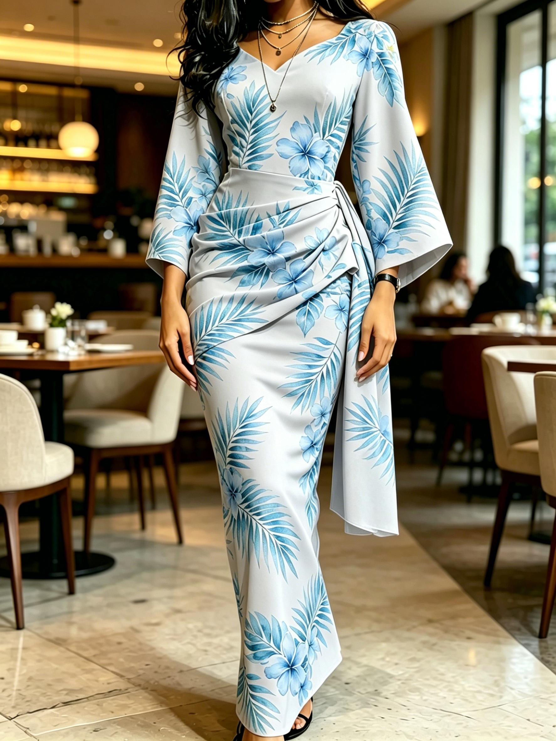 Women s Light Blue Tropical Floral Print Maxi Dress V Neck Wrap Waist Flare Sleeve Party Gown XS
