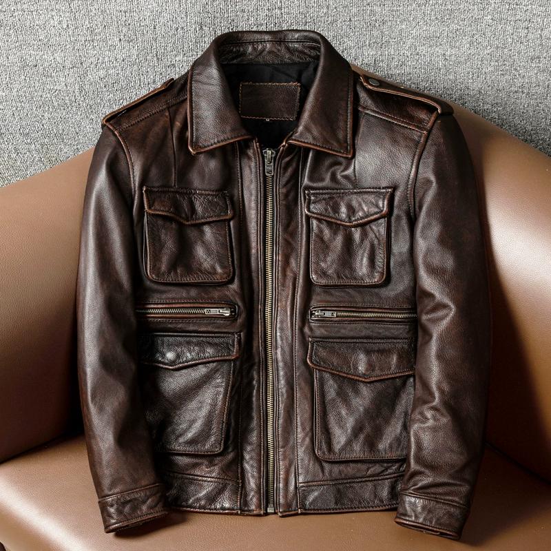 New Retro M65 Hunting Jacket Mens Genuine Leather Vintage Workwear Coat Distressed Collar137