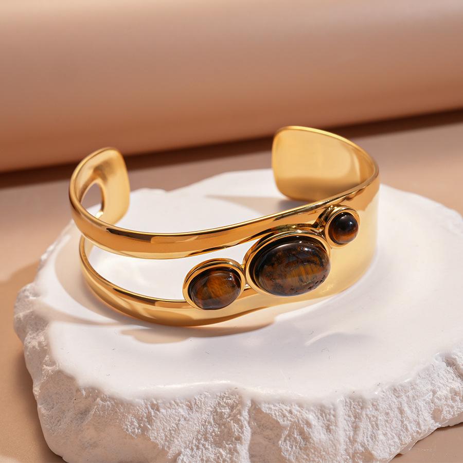 18k real gold electroplated stainless steel tiger's eye stone oval opening bracelet retro bracelet