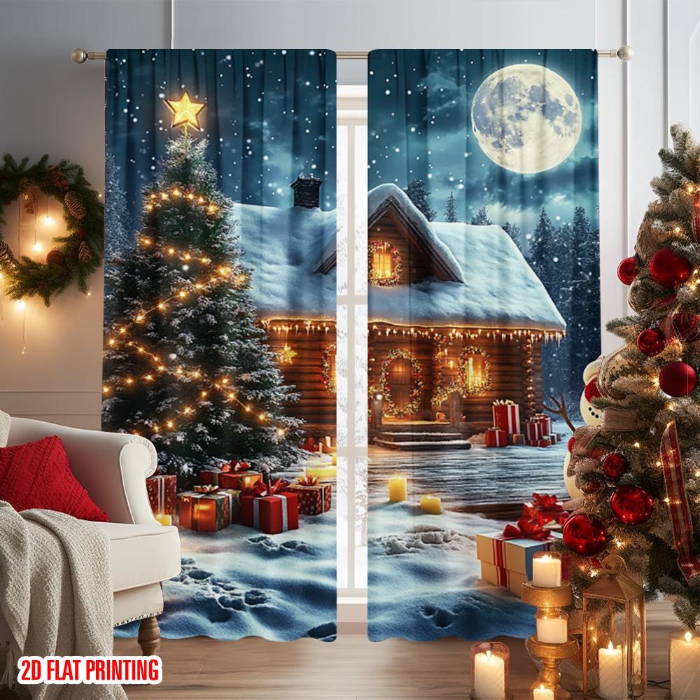 2pcs 2D Flat Printing Christmas Window Drapes Holiday Snowman 100% Polyester Without Electricity Festive Holiday Perfect for