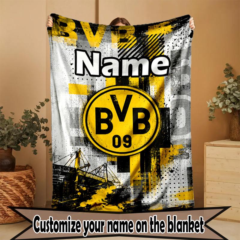Personalizowany koc z nadrukiem Borussia Dortmund z imieniem, Dekoracja domu, Sypialnia, Sofa, Kemping, Kanapa, Prezenty na urodziny, Boże Narodzenie dla fanów