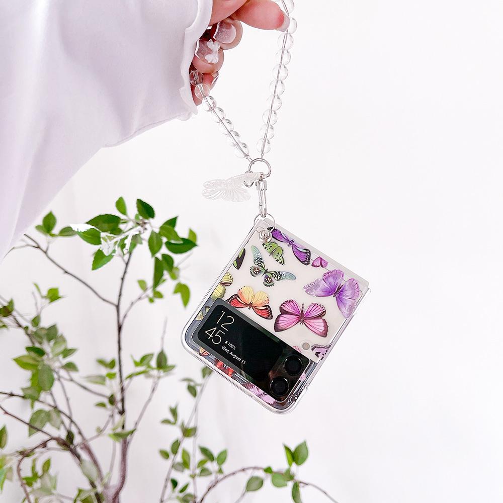 For Samsung Galaxy Z Flip 4 3 Case Butterfly Painted Bracelet For Samsung Z Flip3 Case Transparent Shockproof Pc Hard Back Cover