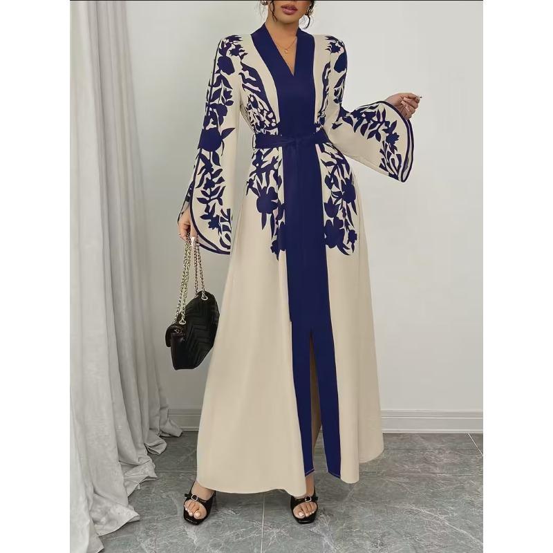 

Жіноча сукня з V-подібним вирізом і довгими рукавами з принтом і поєднанням кольорів 2XL синій