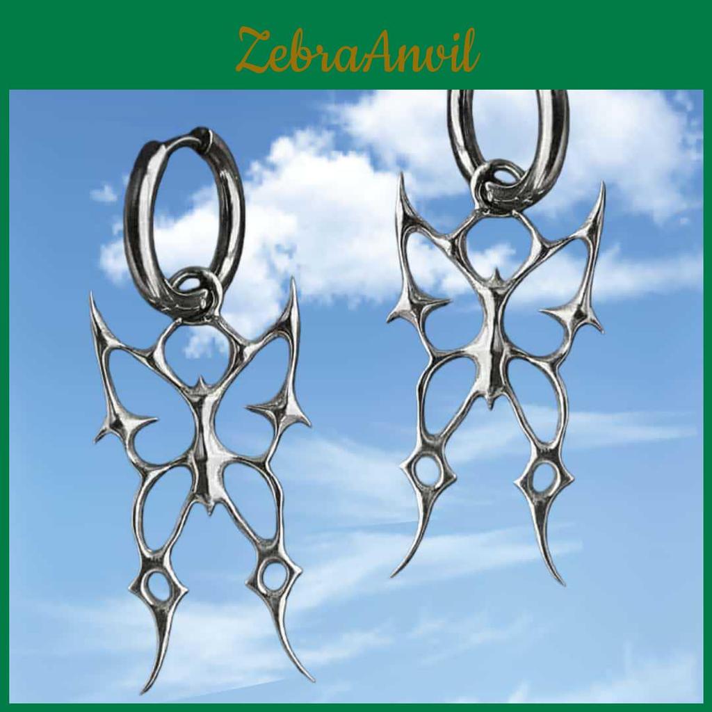 Gothic Punk Silver Thorns Butterfly Pendant Earrings With Skull Design For Men And Women