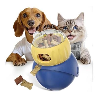 Cat Toy, Solo Play, Cat Toy, Ball, Moving Toy, Owl-shaped Wake-Up Educational Toy, Treat Discharger, Adjustable Treat Discharge Hole, Yellow-Blue