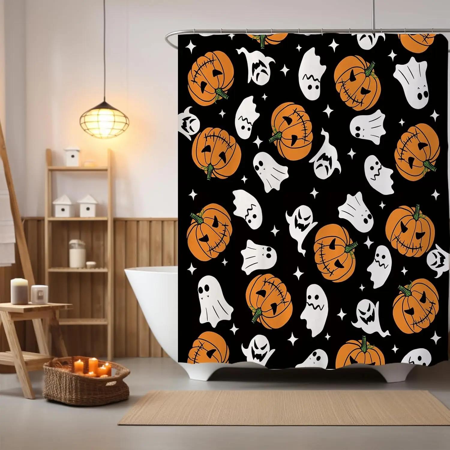 

Cartoon White Ghost Halloween Shower Curtain Happy Halloween Evil Pumpkin Witch Spectre Horror Bathroom Decor Kid Bath Curtain W60H190(CM)-1 Pcs