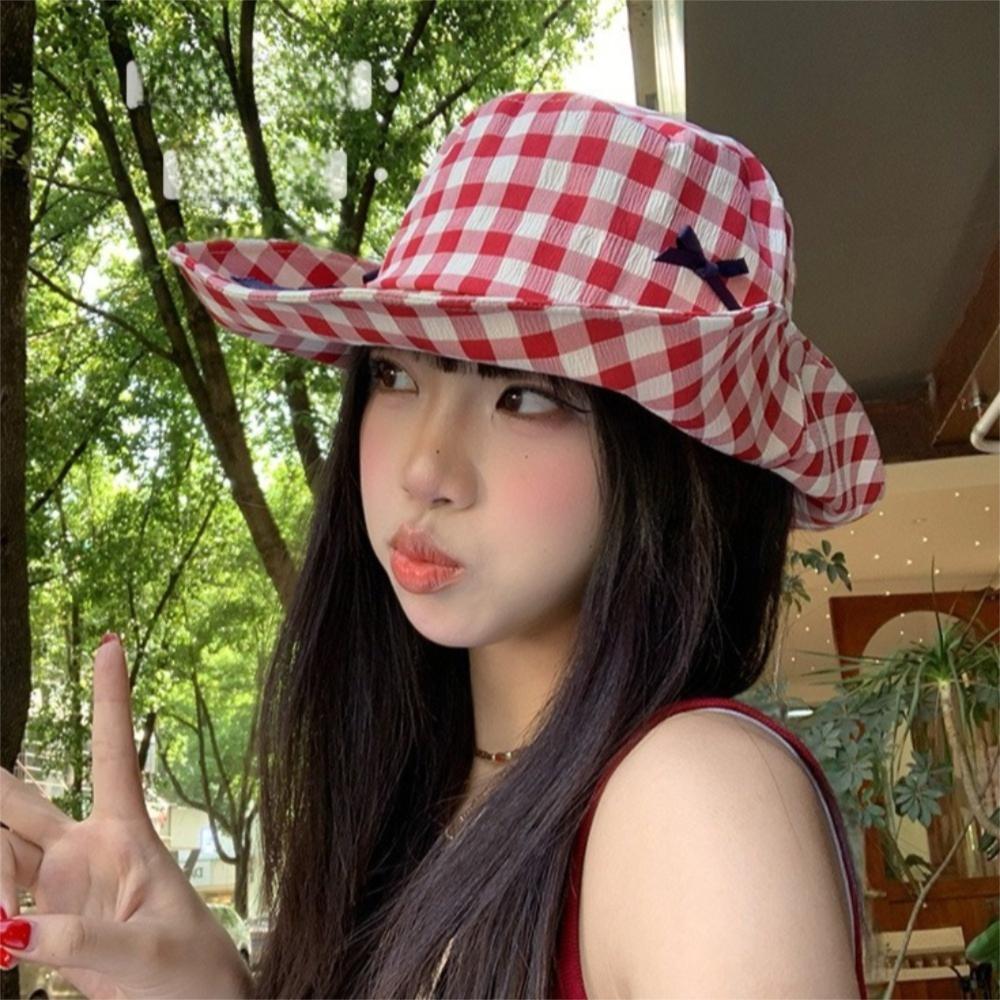 Small Lattice Drawstring Sun Hat Versatile Bow Bucket Hat Fashion Hiking Fisherman Hat  Famale