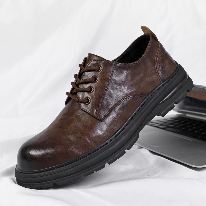 Fashion Brand Mens Round Toe Breathable Derby Shoes Autumn Classic Men Genuine Leather Comfortable Lace Up Business Casual Leather Shoes