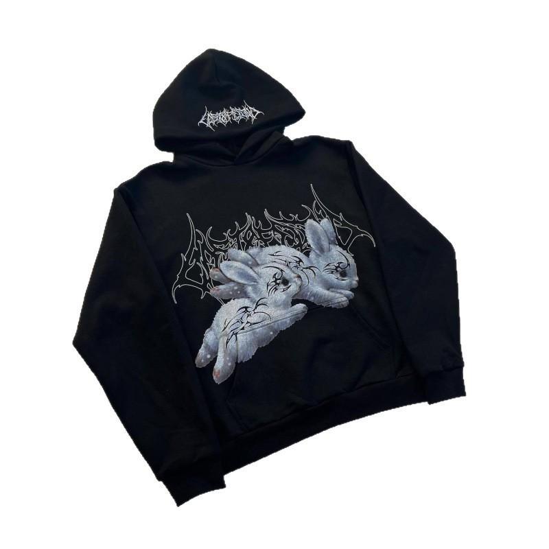 Unisex Retro Hip Hop Hoodie Black 3D Print Streetwear Oversized Fit Long Sleeve Pullover