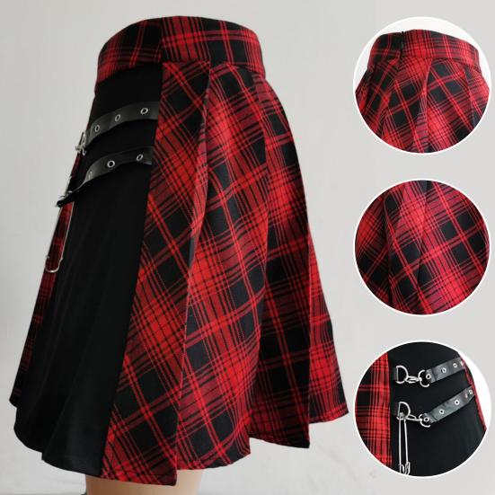 Women Mini Skirt Checkered Print Contrasting Color Pleated Skirt High Waist Metal Chains Belts Decoration Irregular Skirt