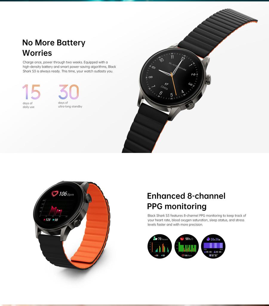 Black Shark S3 Smart Sports Watch New 1.43-inch Touchscreen Health Monitoring With GPS System Support Android iOS 500 mWh