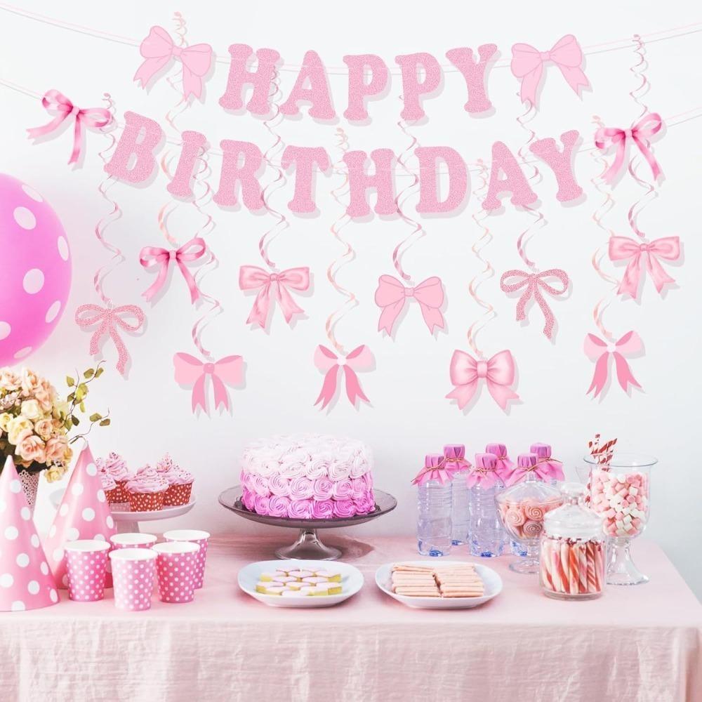 Bow Theme Happy Birthday Banner Paper Backdrop Decor New Hanging Garland  Party Supplies