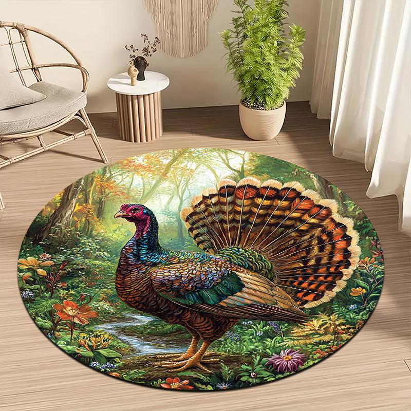 Forest Turkey Theme Flannel-printed round floor mats are slip-resistant Suitable for living room bedroom terrace garden carpets