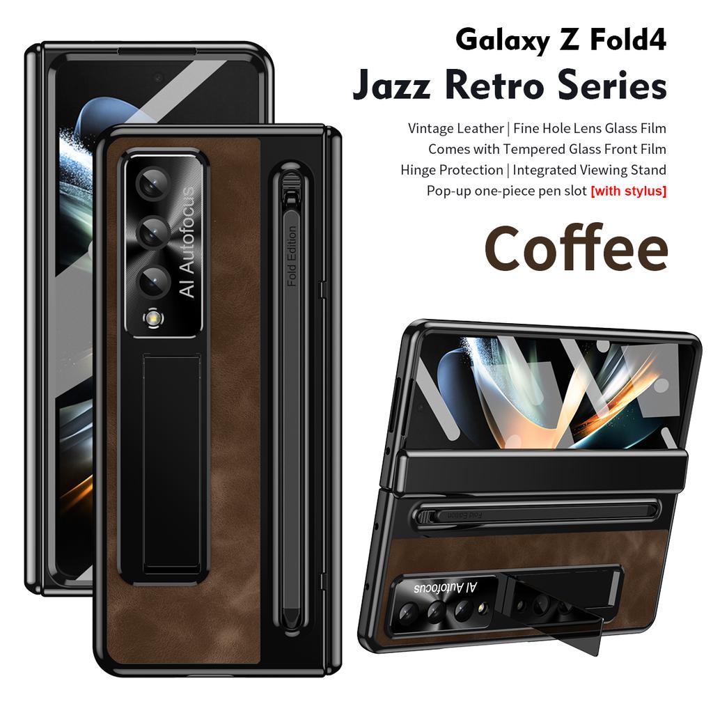 Jazz Retro Series Shockproof Folding Mobile Phone Cases for Samsung Galaxy Z Fold 4 5 6 7 Phone Case with Stylus Tempered Glass