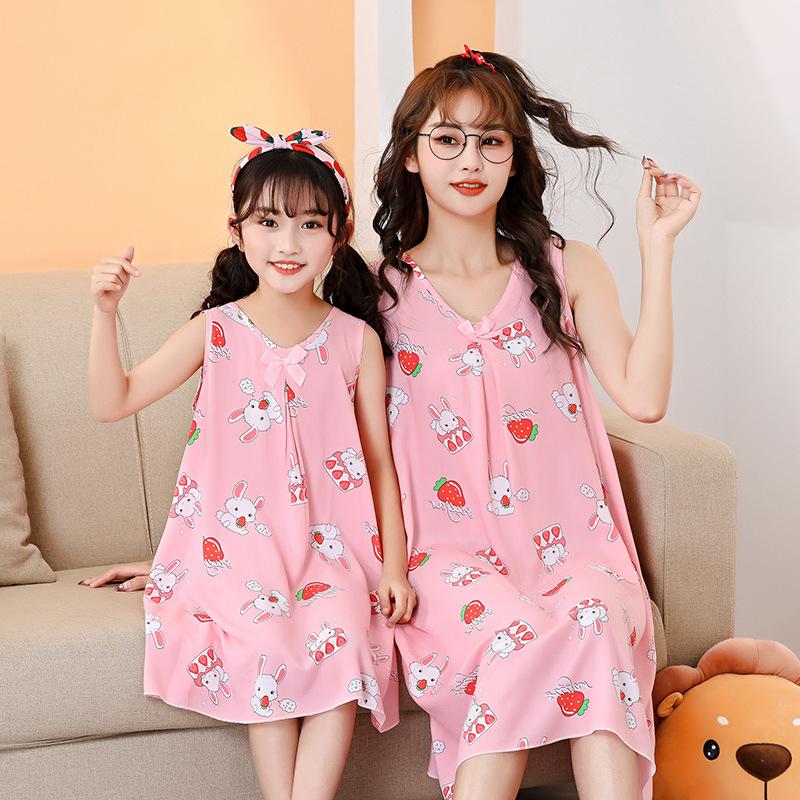 Mother-Daughter Cotton Silk Sleeveless Nightgown for Girls: Wide Shoulder Home Dress