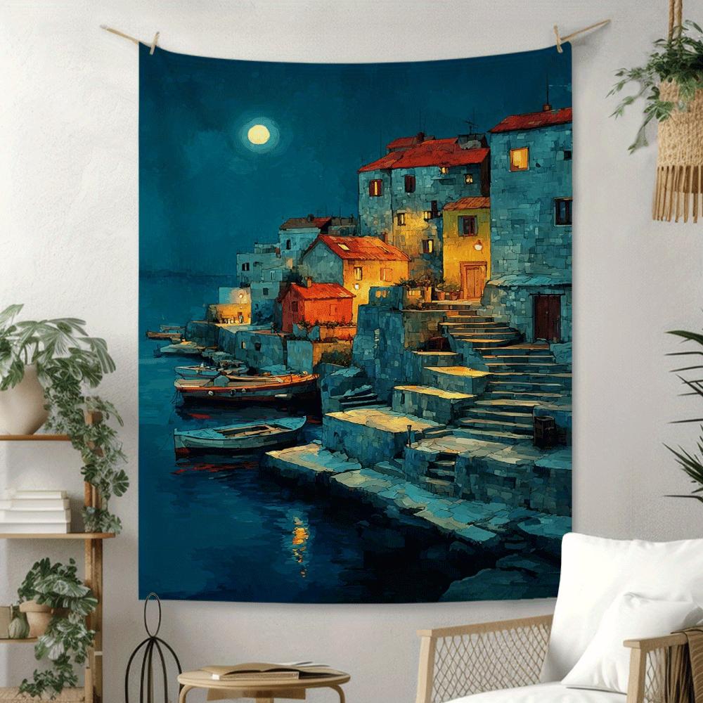 

Coastal Nighttime Port Digital printing polyester wall tapestry suitable for use in living rooms bedrooms offices bars and party 74x94cm(29x37in)