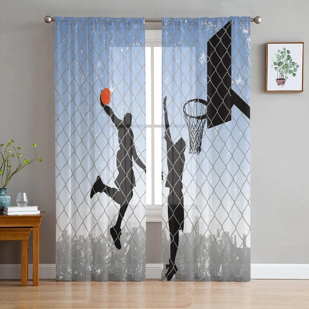 Basketball Silhouette Sports Sheer Curtains Living Room Window Tulle Curtains For Bedroom Kitchen Home Decoration Voile Drapes