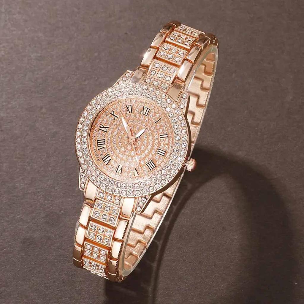 1pc-Ladies' Diamond Inlaid Quartz Watch, Rose Gold Roman Numeral Full Diamond, Niche Style